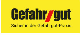 Gelbes Logo mit "Gefahr/gut" in Schwarz/Rot und Text "Sicher in der Gefahrgut-Praxis" darunter.