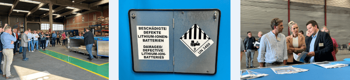 1. a group of people in an industrial hall with machines.
2. warning sign for damaged lithium-ion batteries.
3. group discussion with papers in an industrial environment.