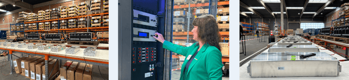 A woman smiles next to a speaker in front of a large screen with a picture of a lorry.