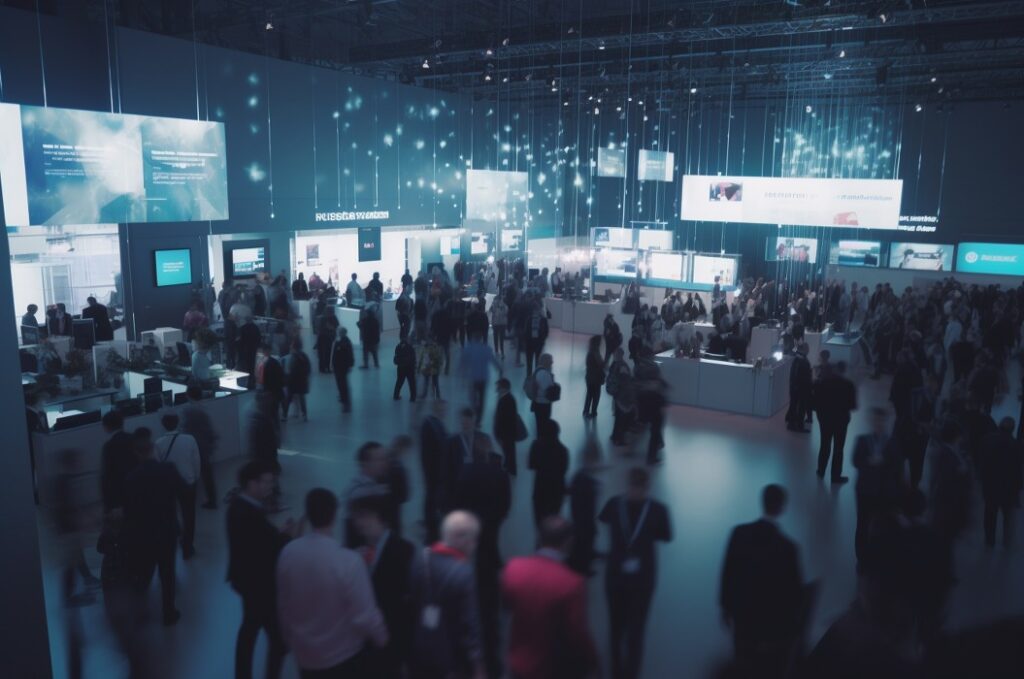 Hustle and bustle at the trade fair with a sea of stands and a blur of business people