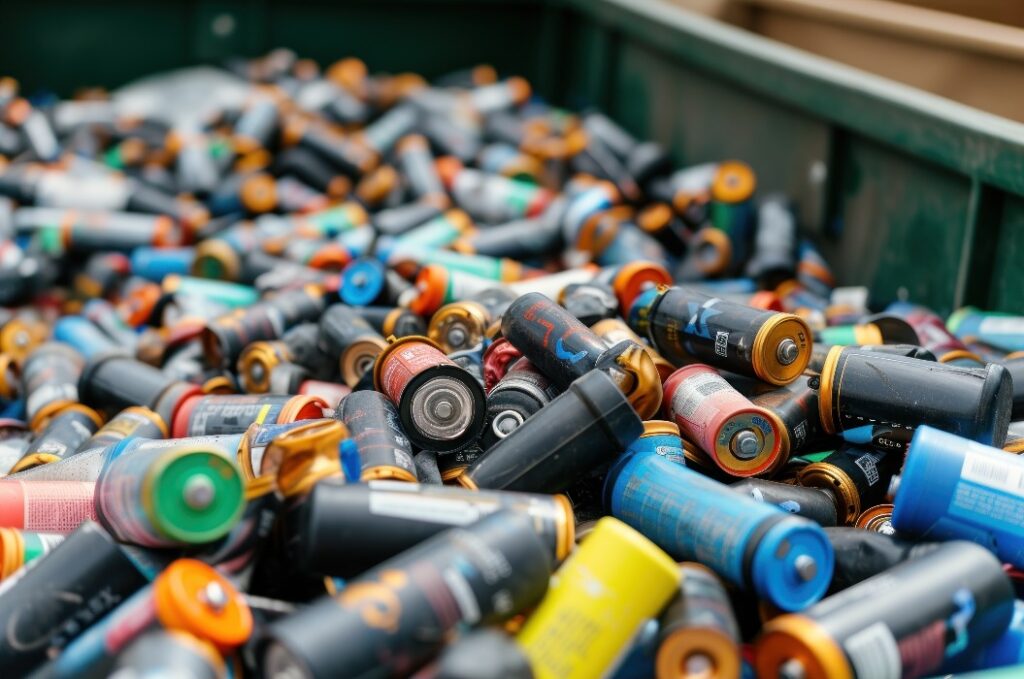 “Used household batteries collected in a recycling bin – emphasises the importance of disposing of batteries correctly.”