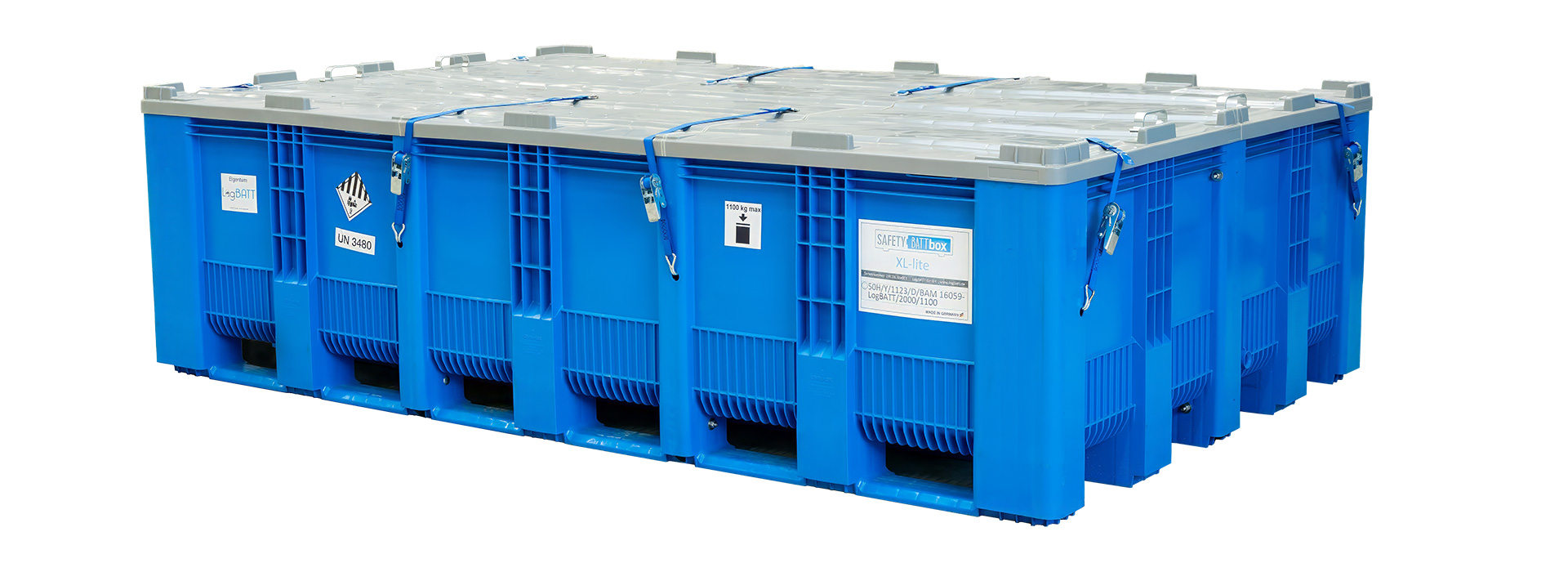 Blue plastic box with a grey lid, reinforced with fasteners.
