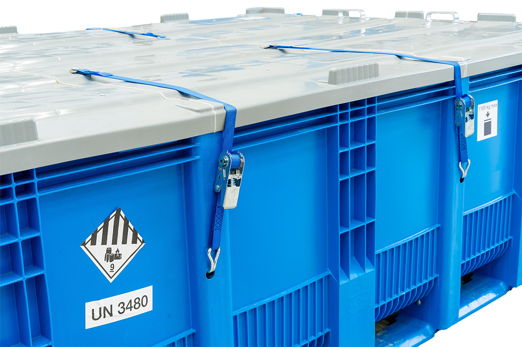 Blue plastic box with a grey lid and UN 3480 marking for dangerous goods.