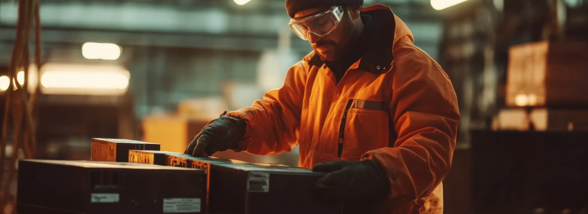 Worker in orange safety jacket carefully handling lithium-ion batteries in a warehouse