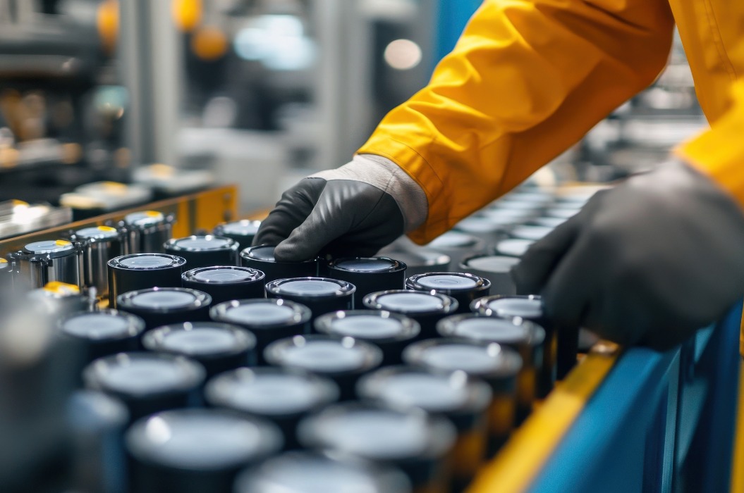 Lithium battery, factory worker handling cylindrical components in the manufacturing process