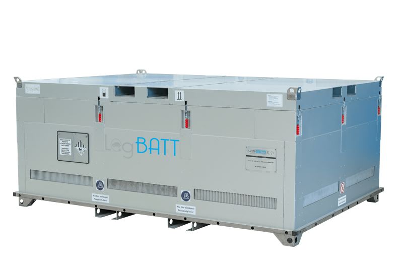 A large silver-grey container with blue LogBATT lettering and several ventilation slots
