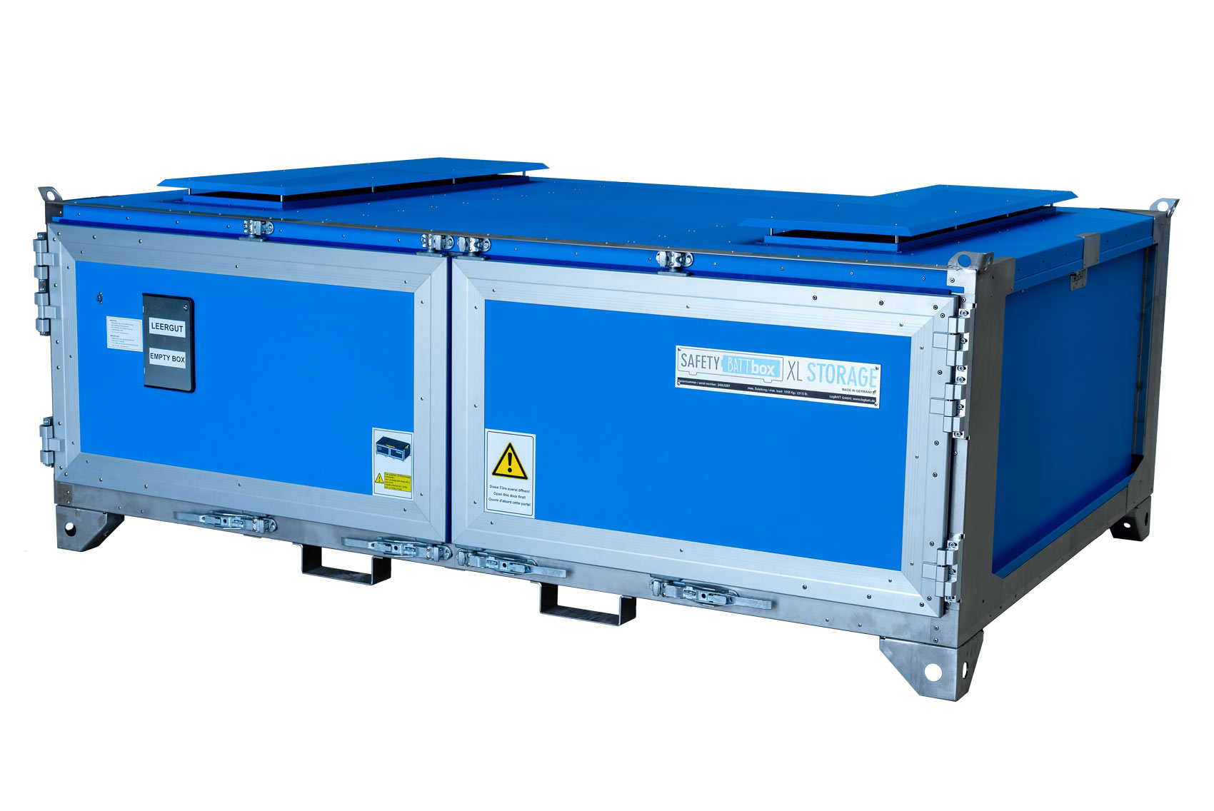 A large blue safety container with a metal frame and several warning signs