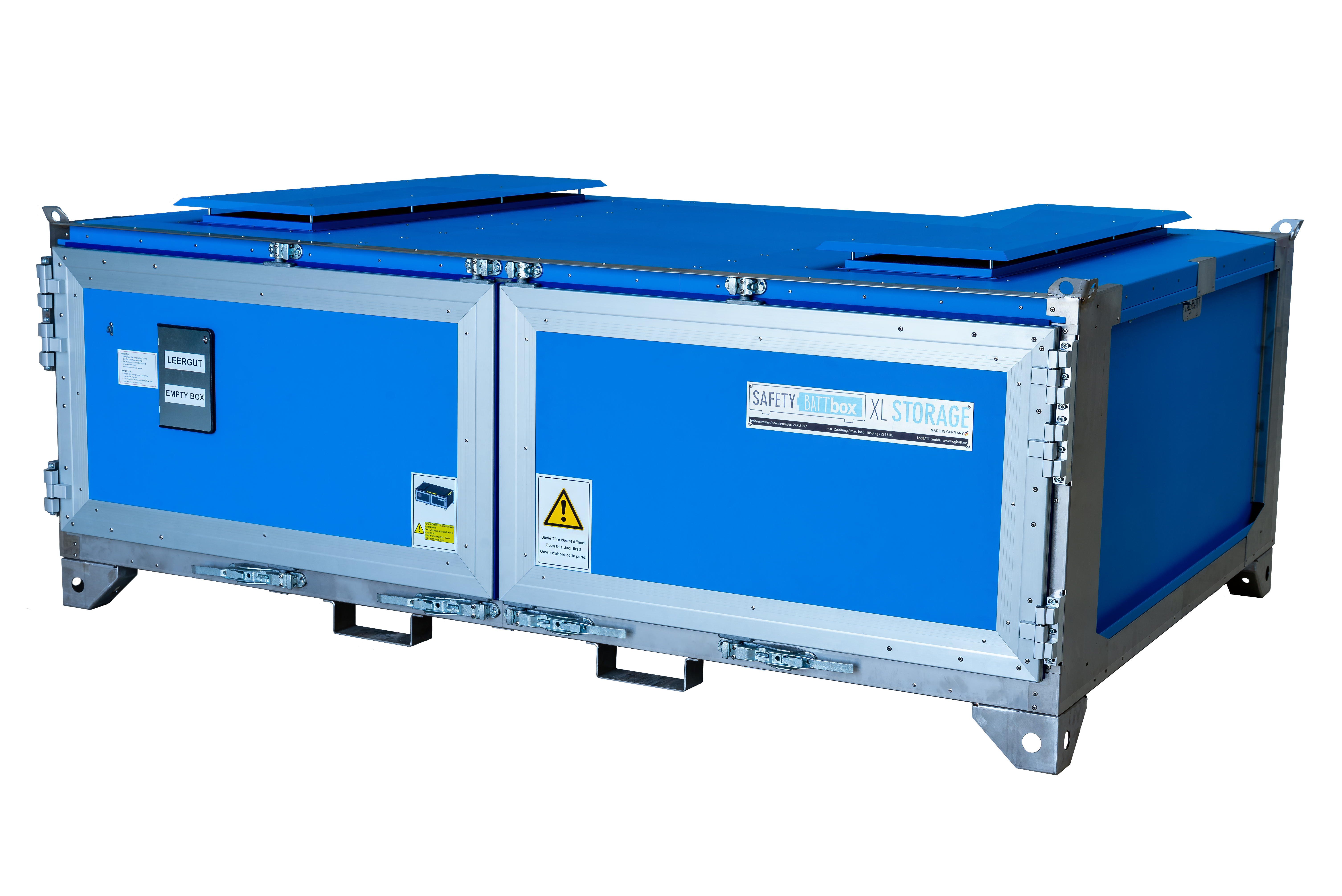 Blue metal transport crate with silver frame and warning stickers