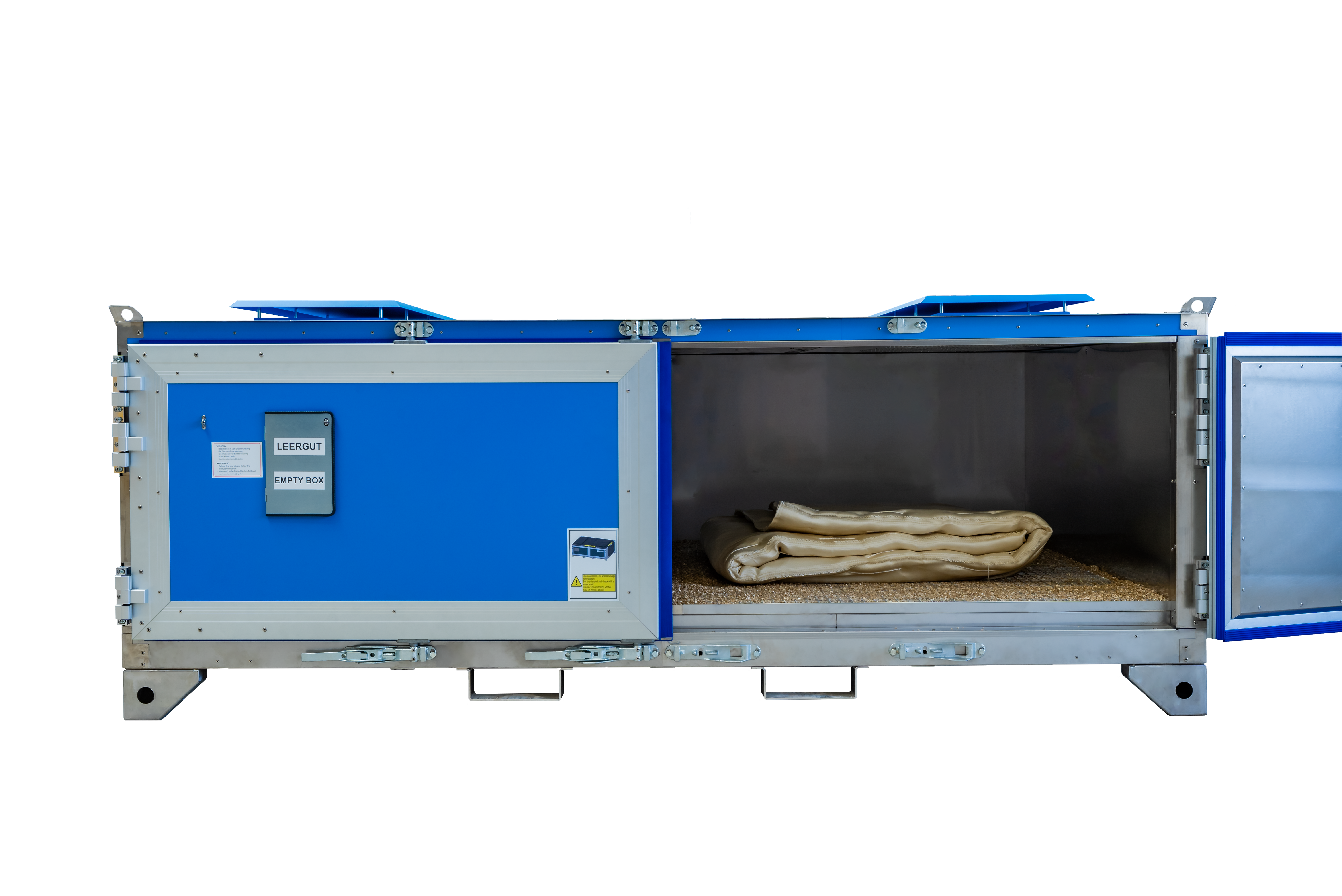Blue metal container open with beige blanket over straw inside